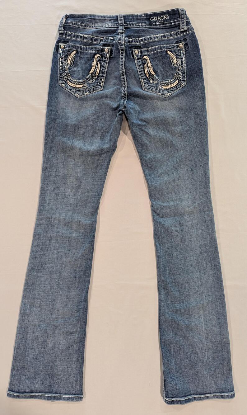 Grace In LA Jeans Womens 25 Blue Med Wash Mid Rise Bootcut Rhinestone Denim
